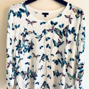 Talbots Plus Button Up Cardigan Size 3X Butterfly Prints 3/4 Sleeve Scoop Neck